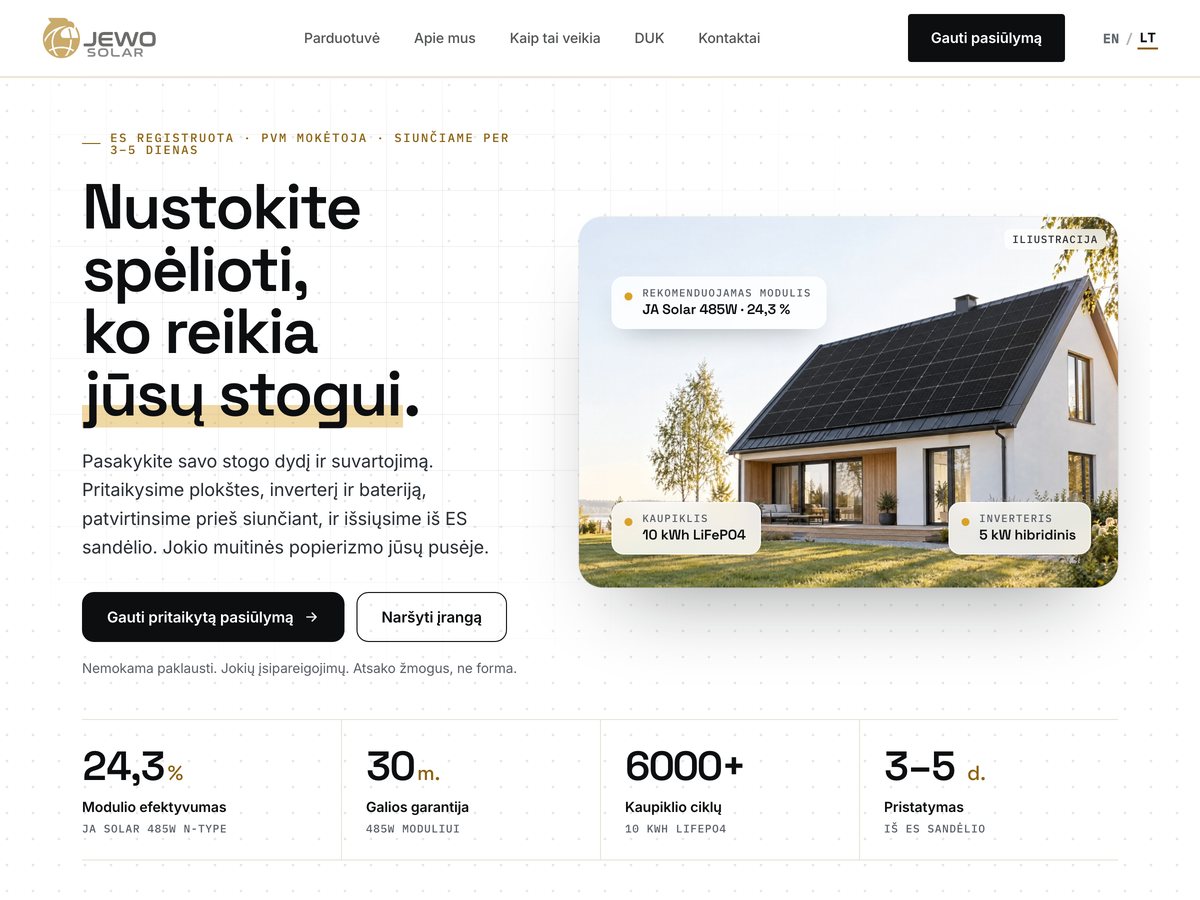 JEWO Solar: E. parduotuvė saulės moduliams, inverteriams ir namų kaupikliams, su sistemos dydžio skaičiuokle, pirkimo gidais ir nemokama pasiūlymo forma.